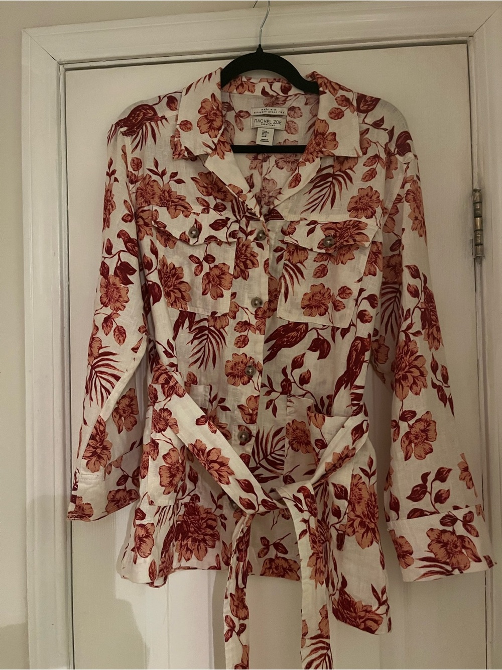 Rachel Zoe White Floral Button-Front Tie-Waist Blouse